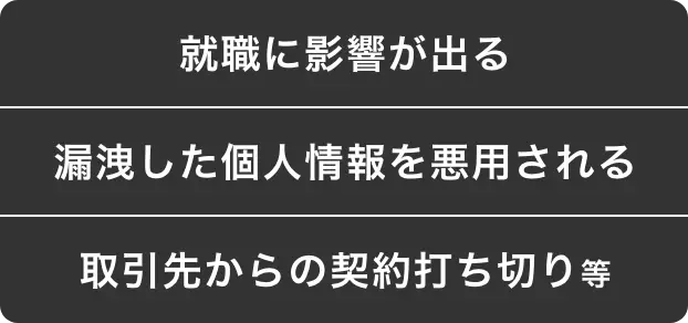 就職に影響が出る・漏洩した個人情報を悪用される・取引先からの契約打ち切り等